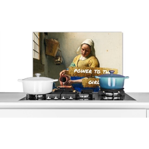 Spatscherm Keuken - Kookplaat Achterwand - Spatwand Fornuis - 70x50 cm - Melkmeisje - Goud - Quotes - Schilderij - Oude meesters - Aluminium - Wanddecoratie - Muurbeschermer - Hittebestendig