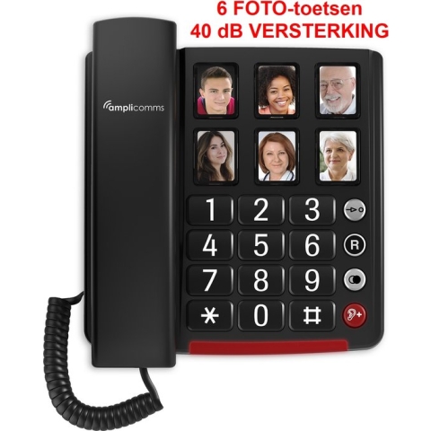 AMPLICOMMS BigTel40+ telefoon - geschikt voor SLECHTHORENDEN - 40 dB VERSTERKING - 6 FOTO-toetsen - zwart