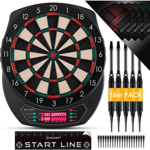 KESSER® Dartboard - Electronic Dartboard Profi Set - E Dartbord met 15 darts + 35 Pro Flights 100 pijlpunten + accessoires darts voor 1 tot 8 spelers Innovatieve elektronische dartmachine met 65 varianten - Klassiek met LCD