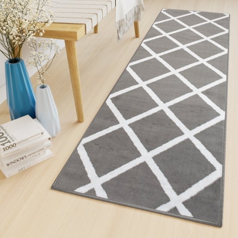 Tapiso Luxury Tapijtloper Grijs Wit Geruit Modern Gang Woonkamer Vloerkleed Maat- 70x1000