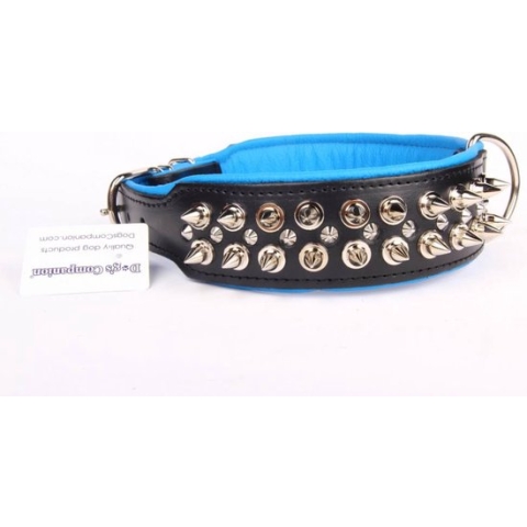 Dog's Companion - Leren halsband - met spikes - Zwart/Blauw - 51-60cmx50 mm - Lengte: 65cm (50 mm), Kleur: Zwart / Blauw