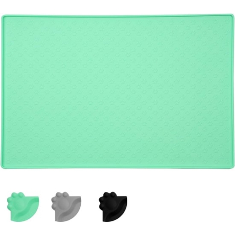Voermatten voor honden, katten, voerbak, onderlegger, siliconen voermatten, antislip en waterdicht, voor hond en kat, groen pootpatroon, 60 x 40 cm