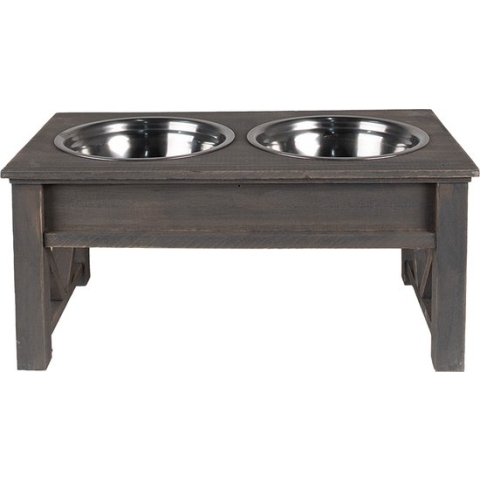 Clayre & Eef Voerbak Hond 2x500 ml Grijs Hout Ijzer Rechthoek Voerbak Kat