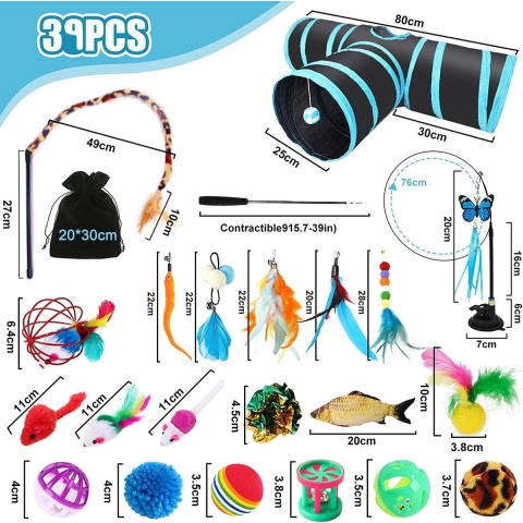 JOTOL 39pcs Kattenspeelgoed,Cat Interactive Wand Toy Set,Kattenspeelgoed Set voor Indoor Katten Set met Kattentunnels,Ballen,Veerspeelgoed,Pluche Speelgoed,Speelgoedmuizen voor Indoor Katten Kitten