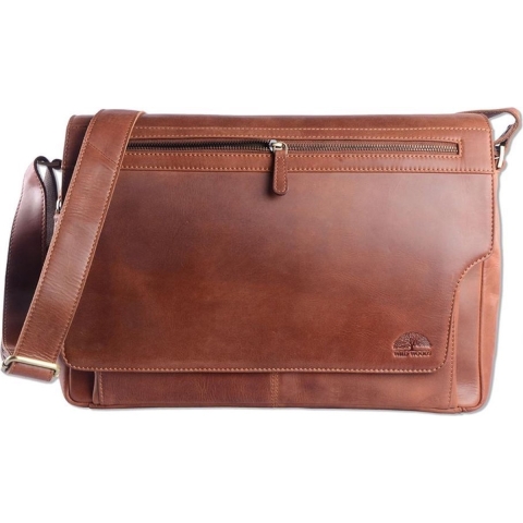 WILD WOODS Leren Messenger Schoudertas 15,6 inch Laptoptas – Unisex – Ronding uit Flap - Pull-up Leer - Cognac