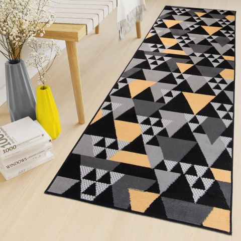 Tapiso Maya Loper Vloerkleed Zwart Geel Gang Modern Woonkamer Gang Maat- 80x650