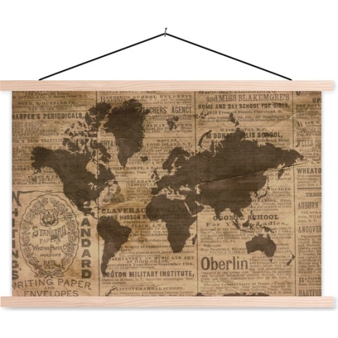 Wanddecoratie - Wereldkaart - Retro - Krant - Schoolplaat - 150x100 cm - Textielposter - Textiel poster