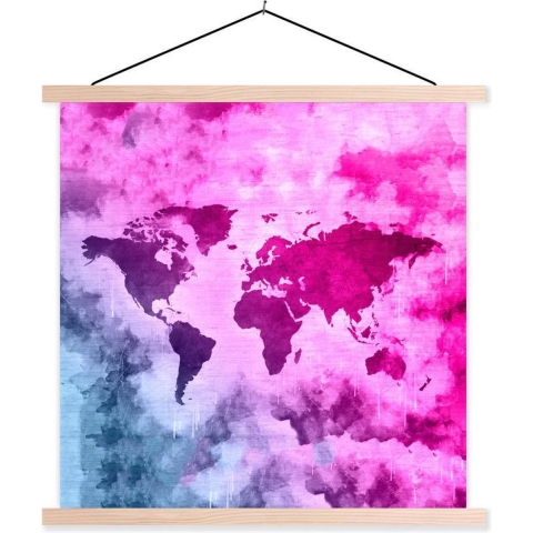 Posterhanger incl. Poster - Schoolplaat - Wereldkaart - Roze - Abstract - 120x120 cm - Blanke latten
