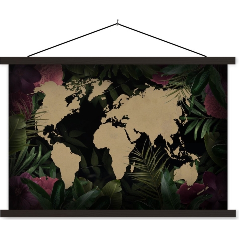 Posterhanger incl. Poster - Schoolplaat - Wereldkaart - Bladeren - Jungle - 150x100 cm - Zwarte latten