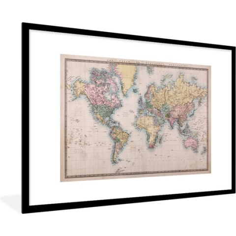 Fotolijst incl. Poster - Wereldkaart - Vintage - Wereld - Kinderen - Jongens - Meisjes - 90x60 cm - Posterlijst