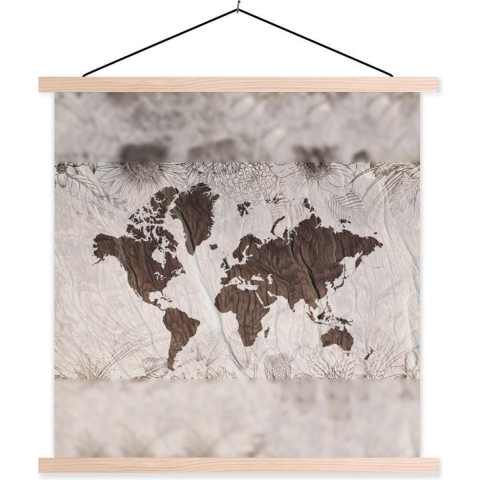 Posterhanger incl. Poster - Schoolplaat - Wereldkaart - Bruin - Bloem - 120x120 cm - Blanke latten