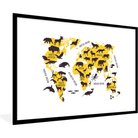 Fotolijst incl. Poster - Wereldkaart - Geel - Dieren - 90x60 cm - Posterlijst