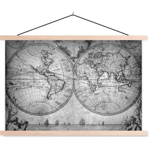Posterhanger incl. Poster - Schoolplaat - Wereldkaart - Antiek - Vintage - Kindje - Jongetje - Meisje - 150x100 cm - Blanke latten