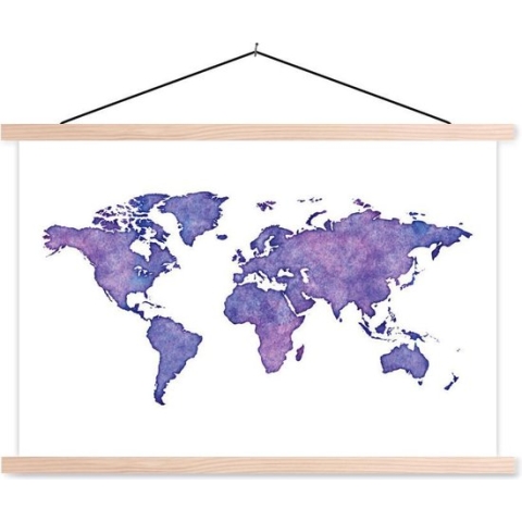 Posterhanger incl. Poster - Schoolplaat - Wereldkaart - Waterverf - Paars - 150x100 cm - Blanke latten