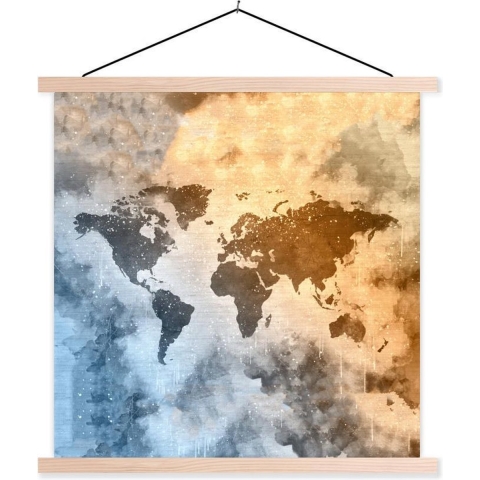Posterhanger incl. Poster - Schoolplaat - Wereldkaart - Abstract - Kleuren - 120x120 cm - Blanke latten