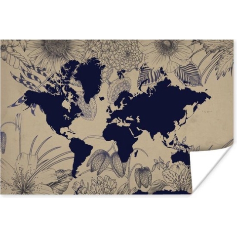 Poster Wereldkaart - Bloemen - Blauw - 180x120 cm XXL