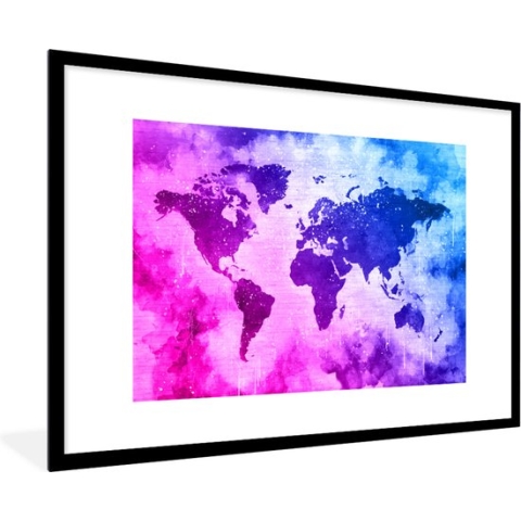 Fotolijst incl. Poster - Wereldkaart - Roze - Paars - 90x60 cm - Posterlijst