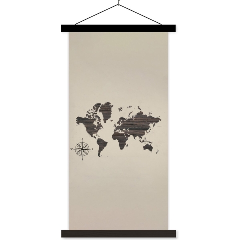 Wanddecoratie - Wereldkaart - Hout - Bruin - Schoolplaat - 90x180 cm - Textielposter - Textiel poster
