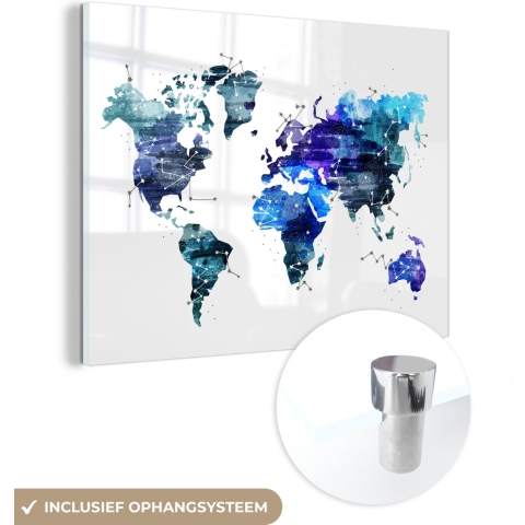 MuchoWow® Glasschilderij - Wereldkaart - Sterren - Blauw - 160x120 cm - Acrylglas Schilderijen - Foto op Glas