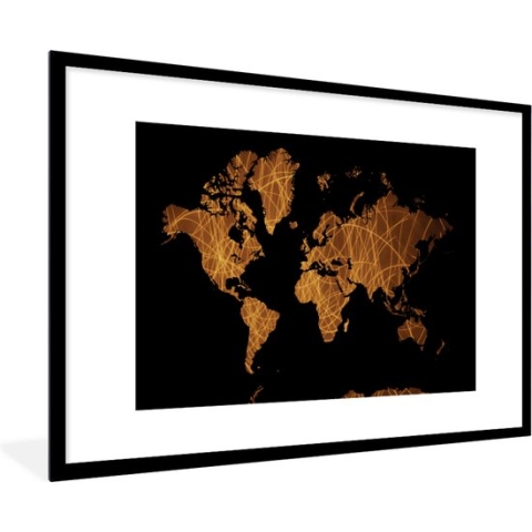 Fotolijst incl. Poster - Wereldkaart - Zwart - Goud - 90x60 cm - Posterlijst