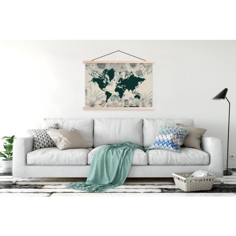 Posterhanger incl. Poster - Schoolplaat - Wereldkaart - Bloemen - Planten - 150x100 cm - Blanke latten