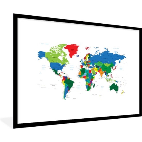 Fotolijst incl. Poster - Wereldkaart - Kleuren - Topografie - Kinderen - Jongens - Meisjes - 90x60 cm - Posterlijst