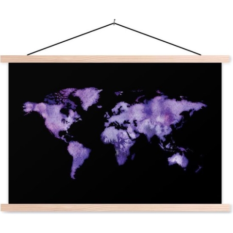 Posterhanger incl. Poster - Schoolplaat - Wereldkaart - Waterverf - Lila - 150x100 cm - Blanke latten