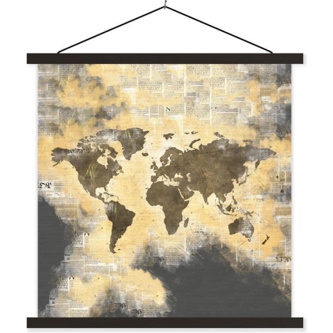 Posterhanger incl. Poster - Schoolplaat - Wereldkaart - Abstract - Kranten - 120x120 cm - Zwarte latten
