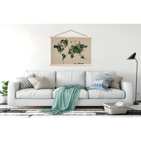 Posterhanger incl. Poster - Schoolplaat - Wereldkaart - Bladeren - Groen - 150x100 cm - Blanke latten