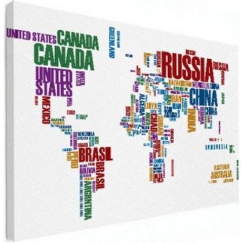 Wereldkaart Continenten In Tekst Kleur - Canvas 120x90