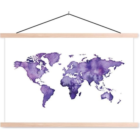 Posterhanger incl. Poster - Schoolplaat - Wereldkaart - Aquarel - Paars - 150x100 cm - Blanke latten