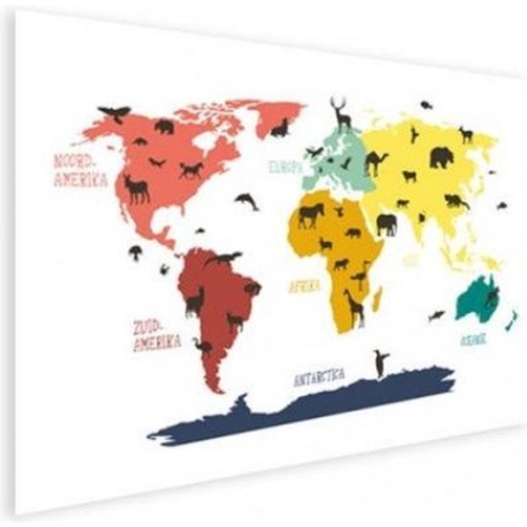Wereldkaart Dieren Per Continent Kleuren - Poster 90x60