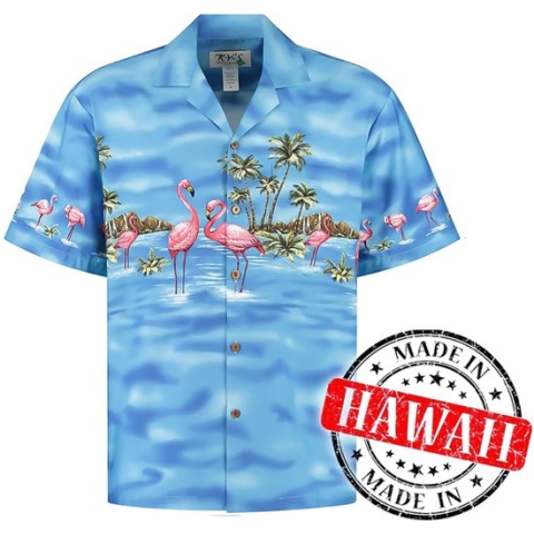 Hawaii Blouse - Shirt - Hemd "Flamingo in het Water" - 100% Katoen - Aloha Shirt - Heren - Made in Hawaii Maat S