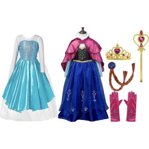 Prinsessenjurk meisje - 2 x Verkleedjurk - Anna jurk - Elsa jurk - Het Betere Merk - Carnavalskleding kinderen - Prinsessen Verkleedkleding - 122/128 (130) - Cadeau meisje - Prinsessen speelgoed - Verjaardag meisje - Kleed
