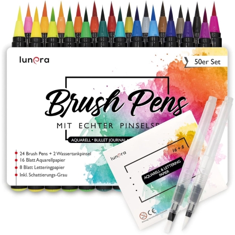 Penseelstiften, set van 50 stuks, 24 aquarelkleuren, 8 letterpapier + 16 aquarelpapier, 2 watertankpenselen, echte penseelpunt voor aquarel, bullet journal en kalligrafie