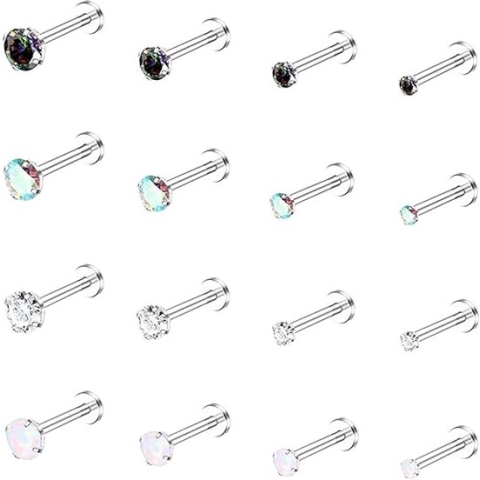 lippenringen van chirurgisch staal, 16 stuks, 16 gram, helix, tragus, nagels, medusa labret, sieraden, CZ opaal, kraakbeen, oorknopjes voor vrouwen, 6 mm, 8 mm