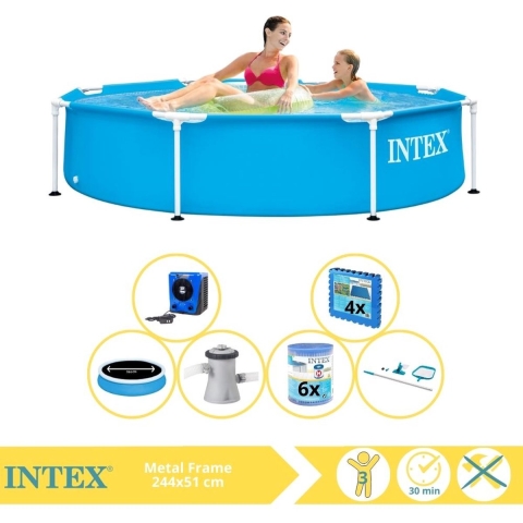 Intex Metal Frame Zwembad - Opzetzwembad - 244x51 cm - Inclusief Solarzeil Pro, Onderhoudspakket, Zwembadpomp, Filter, Onderhoudsset, Zwembadtegels en Warmtepomp HS