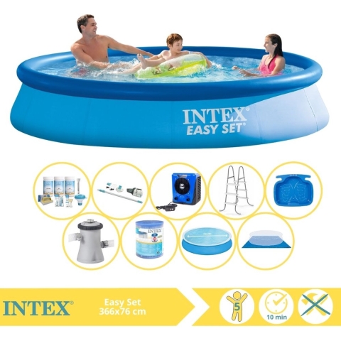 Intex Easy Set Zwembad - Opblaaszwembad - 366x76 cm - Inclusief Solarzeil, Onderhoudspakket, Zwembadpomp, Filter, Grondzeil, Stofzuiger, Trap, Voetenbad en Warmtepomp HS