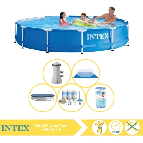 Intex Metal Frame Zwembad - Opzetzwembad - 366x76 cm - Inclusief Afdekzeil, Onderhoudspakket, Filter en Grondzeil