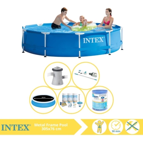 Intex Metal Frame Zwembad - Opzetzwembad - 305x76 cm - Inclusief Solarzeil Pro, Onderhoudspakket, Filter en Stofzuiger