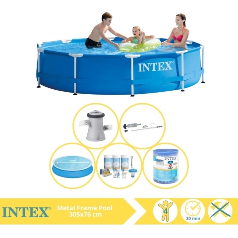 Intex Metal Frame Zwembad - Opzetzwembad - 305x76 cm - Inclusief Solarzeil, Onderhoudspakket, Filter en Stofzuiger