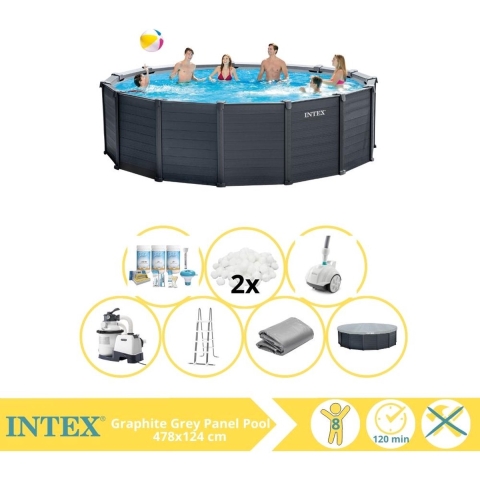 Intex Graphite Gray Panel Zwembad - Opzetzwembad - 478x124 cm - Inclusief Onderhoudspakket, Filterbollen en #N/A