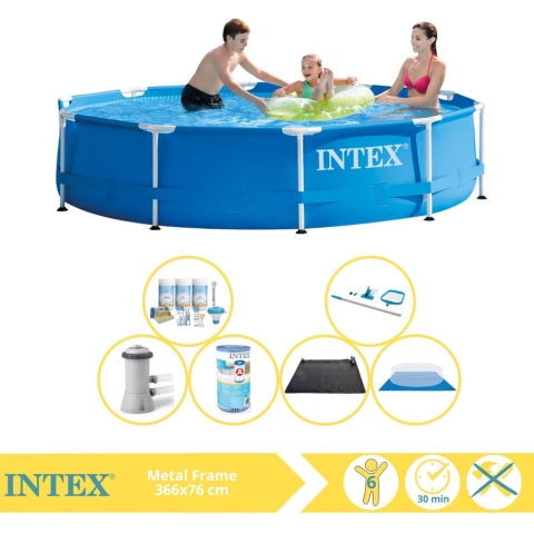 Intex Metal Frame Zwembad - Opzetzwembad - 366x76 cm - Inclusief Onderhoudspakket, Filter, Grondzeil, Onderhoudsset en Solar Mat