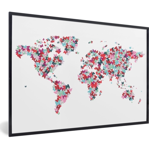 Fotolijst incl. Poster - Wereldkaart - Kleuren - Vlinders - Kinderen - Jongens - Meisjes - 120x80 cm - Posterlijst