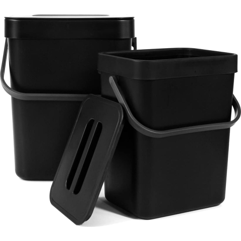 Keukenafvalbak, set van 2 (5L + 3L), plastic compostbak, geurvrij, hangende afvalbak met deksel voor dagelijks organisch afval (zwart)