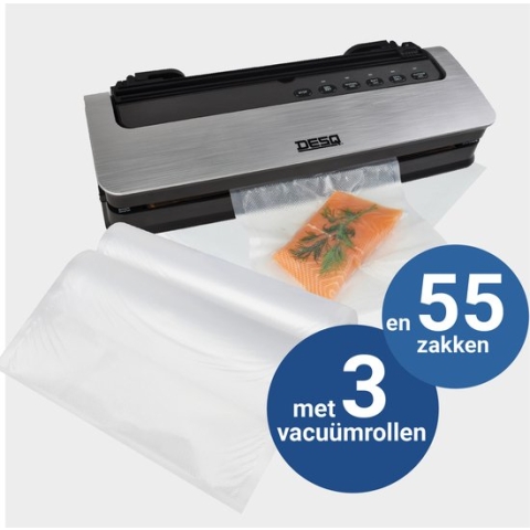 DESQ® 8000 Vacumeermachine - SET met 55 Vacuümzakken en 3 Vacuümrollen- 5 standen - Droog Vochtig Drukgevoelig Voedsel - Rolhouder - Sterke 80 KPA zuigkracht, - Dubbele Verwarmingsstrip - Rolsnijder