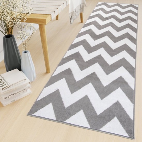 Tapiso Luxury Tapijtloper Grijs Wit Zigzag Gang Woonkamer Vloerkleed Maat- 80x100