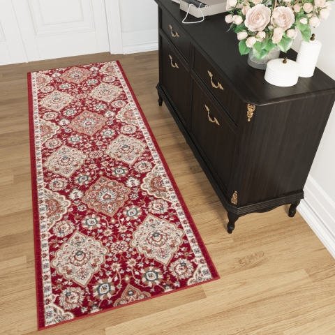Tapiso Dubai Tapijt Loper Rood Bloemenprint Woonkamer Hal Slaapkamer Maat – 80x1200