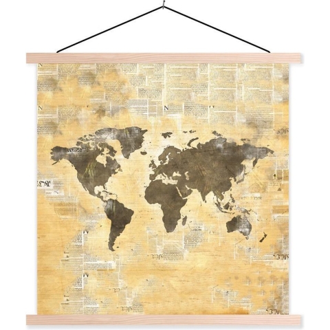 Posterhanger incl. Poster - Schoolplaat - Wereldkaart - Waterverf - Vintage - 120x120 cm - Blanke latten