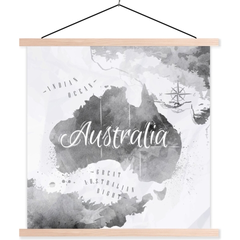 Posterhanger incl. Poster - Schoolplaat - Australië - Wereldkaart - Waterverf - 120x120 cm - Blanke latten